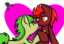 Size: 1095x763 | Tagged: safe, artist:askhypnoswirl, oc, oc only, oc:golden heart, oc:storm flare, pegasus, pony, unicorn, boop, couple, cuddling, gay, heart, male, noseboop, relationship, romance, shipping, snuggling
