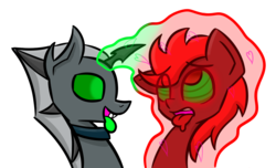 Size: 1292x784 | Tagged: safe, artist:askhypnoswirl, oc, oc only, oc:sterling, oc:storm flare, changeling, pegasus, pony, ahegao, feeding, hypnosis, magic, open mouth, simple background, transparent background