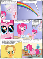 Size: 797x1093 | Tagged: safe, artist:kturtle, applejack, granny pie, pinkie pie, comic:the story of granny pie, g4, comic, female, filly, happy, mare, open mouth, portuguese, rainbow, rainbow eyes, translation