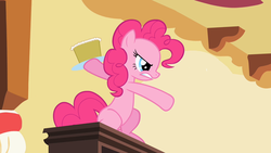 Size: 1280x720 | Tagged: safe, screencap, pinkie pie, g4, secret of my excess, angry, assaulting with cake, cake, female, food, gritted teeth, growling, sitting, solo, throwing