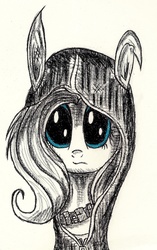 Size: 1859x2966 | Tagged: safe, artist:thesubtle, fluttershy, pegasus, pony, g4, big eyes, blue eyes, bunny ears, clothes, costume, dangerous mission outfit, female, hoodie, looking at you, mare, portrait, profile, solo, traditional art