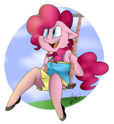 Size: 2988x3235 | Tagged: safe, artist:befishproductions, pinkie pie, anthro, g4, female, high res, signature, simple background, solo, swing, transparent background