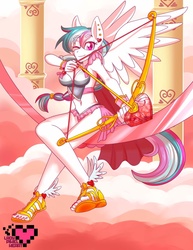 Size: 1582x2048 | Tagged: safe, artist:ladypixelheart, oc, oc only, oc:heart song, pegasus, anthro, plantigrade anthro, arrow, bow (weapon), bow and arrow, breasts, cupid, feet, female, heart arrow, nail polish, sandals, solo, toenails, toes, valentine, wink