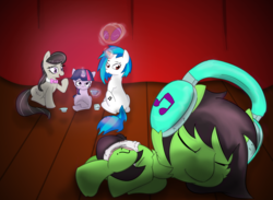 Size: 2048x1500 | Tagged: safe, artist:lazynore, dj pon-3, octavia melody, twilight sparkle, vinyl scratch, oc, oc:filly anon, g4, diaper, female, filly, headphones, sleeping