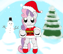 Size: 3500x3000 | Tagged: safe, artist:periodicbrony, sweetie belle, pony, g4, bipedal, both cutie marks, christmas, clothes, female, filly, high res, santa costume, snowman, solo, the cmc's cutie marks