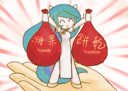 Size: 1209x860 | Tagged: safe, artist:howxu, princess celestia, anthro, unguligrade anthro, g4, bags, chibi, chinese, chinese new year, female, hand, howxu's handling, solo