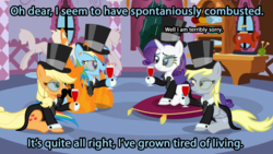 Size: 1723x969 | Tagged: safe, artist:toxicalien2014, applejack, derpy hooves, rainbow dash, rarity, pegasus, pony, g4, alcohol, british, caption, clothes, dapper, family guy, fancy, female, food, hat, male, mare, monocle, monocle and top hat, moustache, on fire, parody, spontaneous combustion, suit, top hat, wine, wine glass
