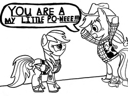 Size: 2137x1611 | Tagged: safe, artist:samueleallen, applejack, rainbow dash, g4, buzz lightyear, clothes, cosplay, costume, crossover, male, monochrome, toy story, woody, you are a toy