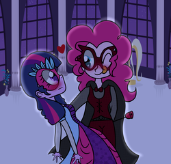 Size: 1668x1600 | Tagged: dead source, safe, artist:artypaints, pinkie pie, twilight sparkle, equestria girls, g4, duo, female, lesbian, masquerade ball, masquerade mask, ship:twinkie, shipping