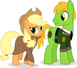 Size: 8000x7032 | Tagged: safe, artist:starlessnight22, applejack, oc, oc:applesnack, earth pony, pony, fallout equestria, g4, absurd resolution, fallout, fanfic, fanfic art, female, hat, hooves, male, mare, ministry mares, simple background, solo, stallion, transparent background