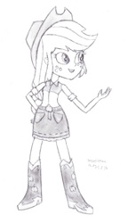 Size: 1728x2998 | Tagged: safe, artist:drchrisman, applejack, equestria girls, g4, boots, clothes, cowboy hat, denim, denim skirt, female, freckles, hat, monochrome, open mouth, sketch, skirt, solo, stetson, traditional art