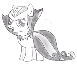 Size: 2477x2174 | Tagged: safe, artist:drchrisman, sweetie belle, vampire, g4, luna eclipsed, clothes, cosplay, costume, fangs, female, high res, monochrome, open mouth, sketch, solo, traditional art