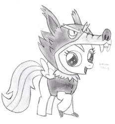 Size: 2495x2688 | Tagged: safe, artist:drchrisman, scootaloo, pegasus, pony, g4, luna eclipsed, animal costume, clothes, cosplay, costume, female, high res, monochrome, open mouth, scootawolf, sketch, solo, traditional art, wolf costume