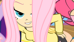 Size: 1280x720 | Tagged: safe, artist:skill:draw, fluttershy, pinkie pie, twilight sparkle, human, g4, bedroom eyes, clothes, flutterr mlh, humanized, sexy, sweater, sweatershy