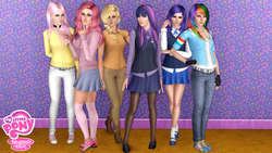 Size: 1920x1080 | Tagged: safe, applejack, fluttershy, pinkie pie, rainbow dash, rarity, twilight sparkle, human, g4, 3d, clothes, humanized, mane six, sweater, sweatershy, the sims, the sims 3