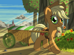 Size: 800x600 | Tagged: safe, artist:rangelost, applejack, oc, oc only, earth pony, pony, cyoa:d20 pony, apple, apple tree, bush, cart, cloud, cowboy hat, crepuscular rays, female, flower, food, hat, looking at you, mare, outdoors, pixel art, sky, smiling, solo, stetson, sweet apple acres, tree, wagon