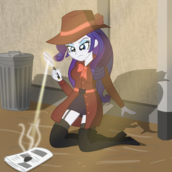 Size: 4056x4048 | Tagged: safe, artist:sumin6301, rarity, equestria girls, g4, absurd resolution, boots, clothes, detective, detective rarity, female, garter belt, garters, kneeling, magnifying glass, newspaper, smoke, socks, solo, stockings, thigh boots, thigh highs