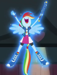 Size: 552x720 | Tagged: safe, screencap, rainbow dash, equestria girls, g4, my little pony equestria girls: friendship games, arms in the air, boots, chs rally song, clothes, collar shirt, cropped, female, flying, glowing, glowing body, nose in the air, open mouth, ponied up, rainbow dash's shirt with a collar, shirt, shirt with a collar, shoes, skirt, socks, solo, t-shirt, teenager, uvula, volumetric mouth, wings, wristband, young adult