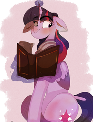Size: 2000x2620 | Tagged: safe, artist:mili-kat, twilight sparkle, alicorn, pony, g4, book, female, floppy ears, glowing horn, high res, horn, magic, mare, sitting, solo, telekinesis, twilight sparkle (alicorn)