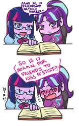 Size: 940x1500 | Tagged: safe, artist:maxgabbymeow, starlight glimmer, twilight sparkle, equestria girls, g4, blushing, book, duo, equestria girls-ified, female, glasses, lesbian, ship:twistarlight, shipping, sweat, twilight sparkle (alicorn)