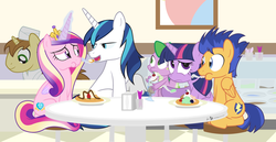 Size: 1240x640 | Tagged: safe, artist:dm29, donut joe, flash sentry, princess cadance, shining armor, spike, twilight sparkle, alicorn, dragon, pegasus, pony, unicorn, g4, eating, female, food, ice cream, mare, sitting, smiling, table, twilight sparkle (alicorn), waffle