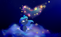 Size: 1024x618 | Tagged: safe, artist:rutkotka, princess luna, g4, cloud, female, heart, magic, night, prone, solo, stars