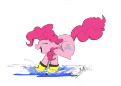 Size: 1024x731 | Tagged: safe, artist:rutkotka, pinkie pie, earth pony, pony, g4, cute, diapinkes, eyes closed, female, mare, open mouth, ponk, puddle, rain boots, simple background, solo, splashing, water, white background