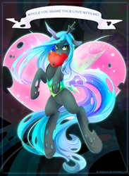 Size: 2338x3196 | Tagged: safe, artist:koveliana, queen chrysalis, changeling, changeling queen, g4, chromatic aberration, color porn, female, heart, hearts and hooves day, high res, mouth hold, solo, valentine's day, valentine's day card