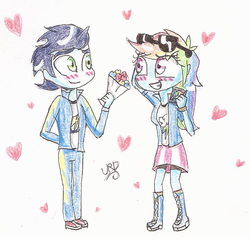 Size: 877x837 | Tagged: dead source, safe, artist:ultrard, rainbow dash, soarin', human, g4, blushing, bouquet of flowers, duo, female, flower, heart, humanized, male, ship:soarindash, shipping, straight, sunglasses, traditional art, valentine's day