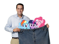 Size: 540x405 | Tagged: safe, pinkie pie, rainbow dash, twilight sparkle, g4, clothes, food, funny aneurysm moment, happy, harsher in hindsight, jared fogle, jared the subway guy, pants, sad, simple background, subway, unfortunate implications