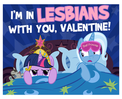 Size: 900x736 | Tagged: safe, artist:pixelkitties, smarty pants, trixie, twilight sparkle, pony, unicorn, g4, bed, big crown thingy, blanket, female, lesbian, mare, pillow, scott pilgrim vs the world, ship:twixie, shipping, text, valentine, valentine's day