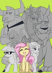 Size: 600x848 | Tagged: safe, artist:caibaoreturn, discord, fluttershy, iron will, manny roar, rainbow dash, seabreeze, tree hugger, breezie, manticore, g4, eyes closed, female, grayscale, happy, male, monochrome, open mouth, partial color, sunglasses