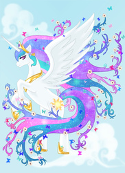 Size: 1700x2337 | Tagged: safe, artist:drmambo199, princess celestia, alicorn, pony, g4, beautiful, cloud, ethereal mane, female, flower, flying, sky, solo, windswept mane