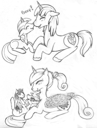 Size: 1156x1524 | Tagged: safe, artist:tinuleaf, princess cadance, shining armor, smarty pants, twilight sparkle, alicorn, pony, unicorn, g4, 2 panel comic, boop, brother and sister, colt, comic, female, filly, filly twilight sparkle, foal, lineart, male, monochrome, noseboop, siblings, traditional art, unicorn twilight, younger