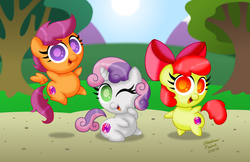 Size: 1600x1035 | Tagged: safe, artist:aleximusprime, apple bloom, scootaloo, sweetie belle, g4, adorabloom, chibi, cute, cutealoo, cutie mark, cutie mark crusaders, diasweetes, the cmc's cutie marks, trio