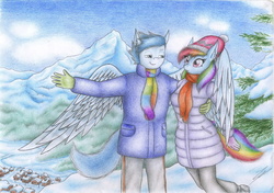 Size: 2799x1969 | Tagged: safe, artist:sinaherib, rainbow dash, soarin', anthro, g4, breasts, clothes, coat, female, male, ship:soarindash, shipping, snow, straight, traditional art