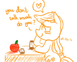 Size: 1280x1024 | Tagged: safe, artist:vincentjiang0v0, applejack, g4, apple, female, food, hatless, heart, missing accessory, solo, table, that pony sure does love apples, waifu dinner