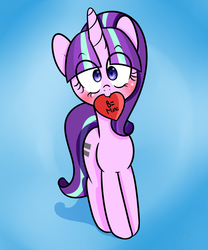 Size: 1500x1800 | Tagged: safe, artist:fullmetalpikmin, starlight glimmer, pony, unicorn, g4, blushing, cute, equal cutie mark, female, glimmerbetes, holiday, looking at you, mare, mouth hold, smiling, solo, valentine, valentine's day