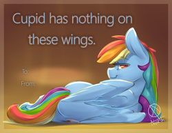 Size: 1280x989 | Tagged: safe, artist:northernsprint, rainbow dash, pegasus, pony, g4, bedroom eyes, female, looking at you, looking back, mare, on side, smiling, solo, valentine, wings