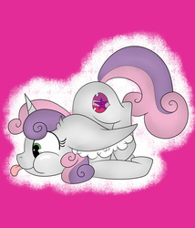 Size: 1024x1195 | Tagged: safe, artist:theartistsora, sweetie belle, pony, g4, cute, cutie mark, diasweetes, ear fluff, female, filly, fluffy, impossibly large ears, scootie belle, silly, silly pony, solo, the cmc's cutie marks, tongue out