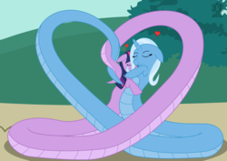 Size: 1754x1240 | Tagged: safe, artist:fimbulvinter, trixie, twilight sparkle, lamia, original species, g4, duo, female, heart, hug, intertwined tails, lamiafied, lesbian, ship:twixie, shipping, species swap, trixie lulamia, twilamia, twilight snakle