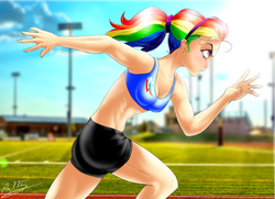 Size: 1508x1091 | Tagged: safe, artist:drizziedoodles, rainbow dash, human, g4, abs, clothes, female, humanized, midriff, ponytail, running, solo, spandex, sports bra, sweat, track and field