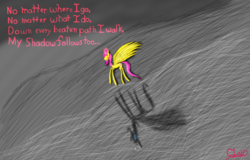 Size: 1280x817 | Tagged: safe, artist:the claud, fluttershy, g4, claud thinks he's a poet, female, heart, implied depression, poem, poetry, shadow, solo, text