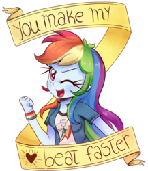 Size: 681x783 | Tagged: safe, artist:lucy-tan, rainbow dash, equestria girls, g4, banner, blushing, female, heart, heart eyes, looking at you, one eye closed, solo, valentine, valentine's day, wingding eyes, wink