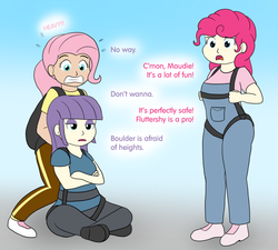 Size: 939x844 | Tagged: safe, artist:phallen1, fluttershy, maud pie, pinkie pie, human, g4, air ponyville, chubby, dialogue, heavy, humanized, parachute, sitting