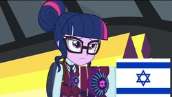 Size: 1920x1080 | Tagged: safe, edit, edited screencap, screencap, sci-twi, twilight sparkle, equestria girls, g4, my little pony equestria girls: friendship games, bus, comments locked down, conspiracy, conspiracy theory, female, flag, glasses, israel, jew, op is a duck, op is trying to start shit, star of david