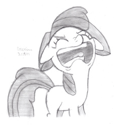 Size: 2126x2355 | Tagged: safe, artist:drchrisman, apple bloom, g4, sisterhooves social, burp, female, floppy ears, high res, monochrome, open mouth, sketch, solo, traditional art