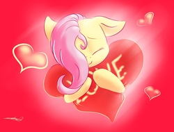 Size: 1024x778 | Tagged: safe, artist:freeedon, fluttershy, pony, g4, bust, eyes closed, female, floppy ears, hair over one eye, happy, heart, hug, mare, smiling, solo, stray strand, valentine's day