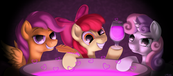Size: 4000x1760 | Tagged: safe, artist:awalex, apple bloom, scootaloo, sweetie belle, earth pony, pegasus, pony, unicorn, g4, cauldron, cutie mark crusaders, feather, female, filly, foal, heart, heart eyes, hearts and hooves day, lidded eyes, looking at you, love poison, love potion, pure unfiltered evil, slasher smile, this will not end well, trio, valentine's day, wingding eyes