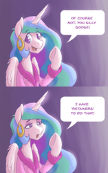 Size: 1280x2038 | Tagged: safe, artist:romanrazor, princess celestia, alicorn, pony, good morning celestia, g4, bathrobe, clothes, dialogue, ear piercing, earring, ethereal mane, female, jewelry, mare, open mouth, piercing, purple background, robe, simple background, solo, speech bubble, tumblr, underhoof